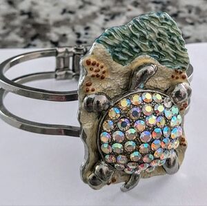 Vintage Crystal (Clear Aurora Borealis) and Silver Turtle Cuff Bracelet